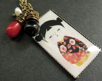 Kokeshi Doll Necklace. Japanese Doll Necklace with Black and Red Coral Teardrops. Handmade Jewelry.