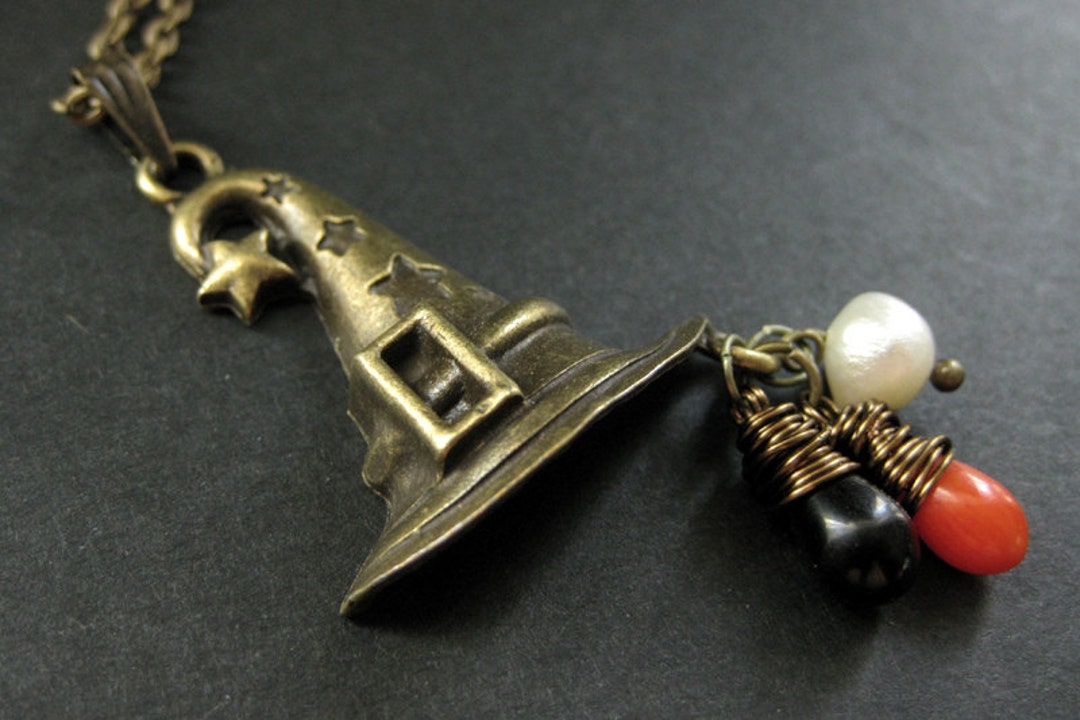 Halloween Necklace. Witch Hat Charm Necklace With Teardrop Charms and