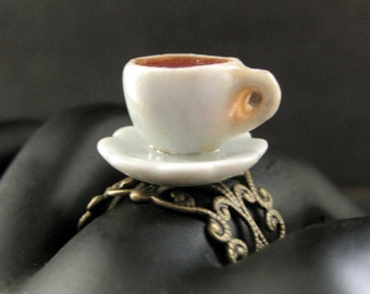Coffee Cup Ring. Diner Coffee. White Teacup Ring with Resin Coffee Fill. Bronze Adjustable Ring. Handmade Jewelry.
