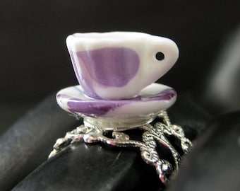 Teacup Ring. China Cup Ring with Purple Splat. Silver Filigree Adjustable Ring. Handmade Jewelry.