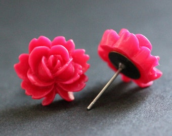 Hot Pink Lotus Flower Earrings. Fuchsia Lotus Earrings. Bronze Post Earrings. Dark Pink Earrings. Stud Earrings. Handmade Jewelry.