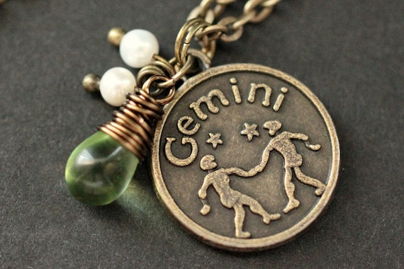 Gemini Astrology Necklace. Zodiac Necklace with Glass Teardrop and Fresh Water Pearl. Gemini Horoscope Necklace. Handmade Jewelry.