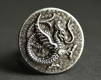 Silver Dragon Ring. Dragon Button Ring. Wyvern Ring. Mythological Creature Ring. Adjustable Ring. Handmade Jewelry.