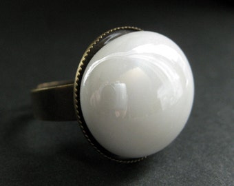 Opaque White Glass Ring in Bronze. White Ring. Bronze Adjustable Ring. Handmade Jewelry.