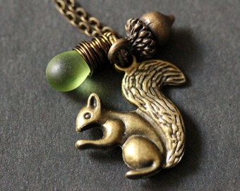 Bronze Squirrel Necklace. Woodland Necklace. Teardrop Necklace. (CHOOSE YOUR COLOR) Charm Necklace. Handmade Jewelry
