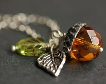 Acorn Necklace. Autumn Honey Acorn & Green Leaf Necklace. Crystal Acorn Pendant. Orange Acorn Charm Necklace. Silver Acorn Jewelry