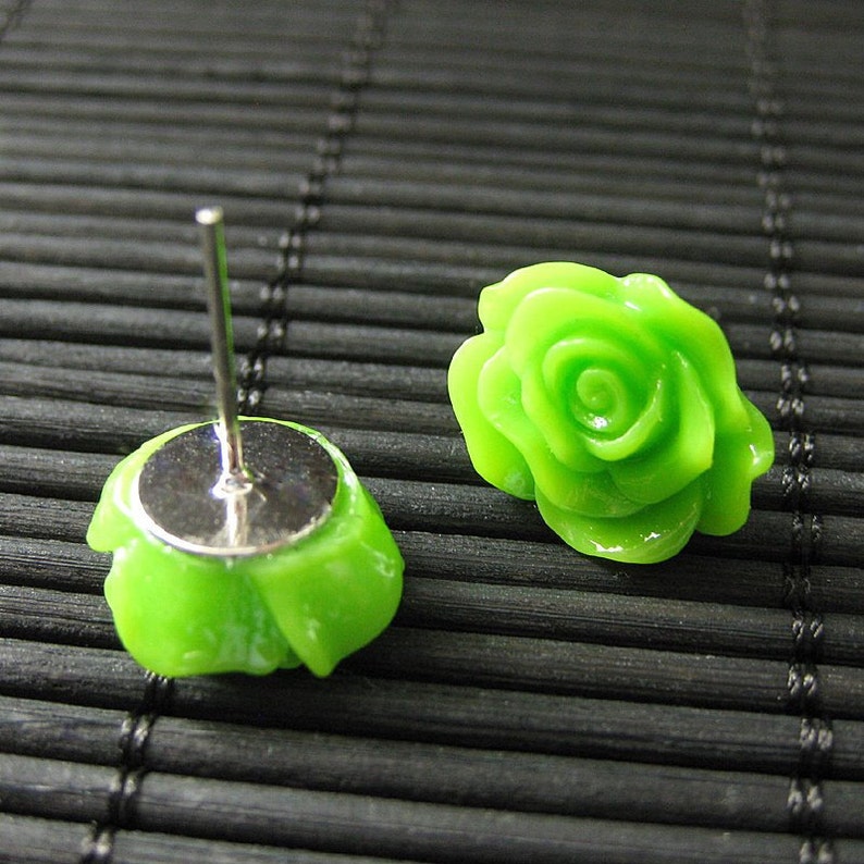 Flower Earrings: Lime Green Post Earrings with Resin Roses. Flower Jewelry. Handmade Jewelry. image 2
