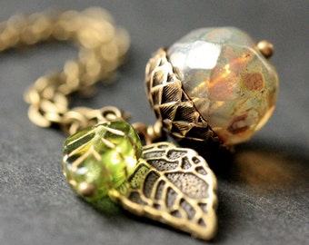 Autumn Frost Acorn Necklace. Crystal Acorn Necklace. Acorn Charm Necklace in Bronze. Handmade Jewelry.