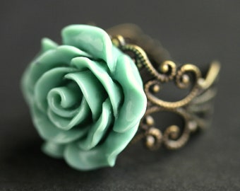 Sage Green Rose Ring. Sage Green Flower Ring. Adjustable Ring. Floral Ring. Filigree Ring in Antique Bronze, Antique Copper, Gold or Silver.