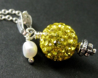 Yellow Necklace. Kissing Ball Necklace. Rhinestone Necklace with Fresh Water Pearl. Handmade Jewelry.