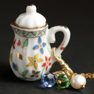 Foral Teapot Necklace. Porcelain Tea Pot Necklace with Blue & Green Crystals and Pearl Charm. Flower Teapot Necklace. Gold Necklace.