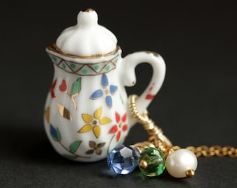 Foral Teapot Necklace. Porcelain Tea Pot Necklace with Blue & Green Crystals and Pearl Charm. Flower Teapot Necklace. Gold Necklace.
