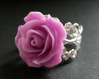 Lilac Purple Rose Ring. Purple Flower Ring. Filigree Ring. Adjustable Ring. Flower Jewelry. Handmade Jewelry.