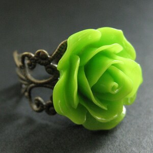 Apple Green Rose Ring. Green Flower Ring. Adjustable Ring. Filigree Ring. Flower Jewelry. Handmade Jewelry. image 1