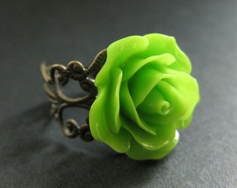 Apple Green Rose Ring. Green Flower Ring. Adjustable Ring. Filigree Ring. Flower Jewelry. Handmade Jewelry.