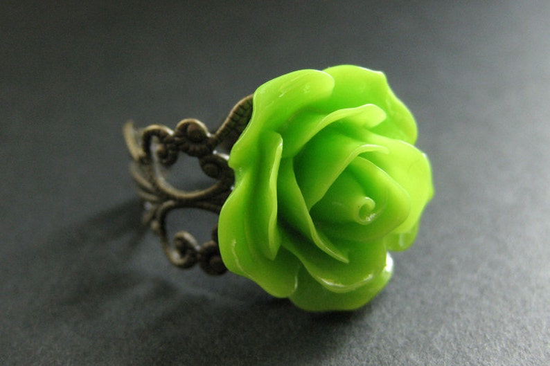 Apple Green Rose Ring. Green Flower Ring. Adjustable Ring. Filigree Ring. Flower Jewelry. Handmade Jewelry. image 1