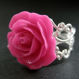 Hot Pink Rose Ring. Pink Flower Ring. Filigree Adjustable Ring. Flower Jewelry. Handmade Jewelry.