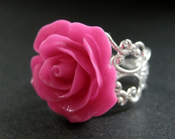 Hot Pink Rose Ring. Pink Flower Ring. Filigree Adjustable Ring. Flower Jewelry. Handmade Jewelry.