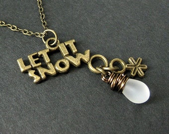 Let It Snow Charm Necklace with Snowflake Charm and Wire Wrapped Frosted Teardrop. Handmade Jewelry.