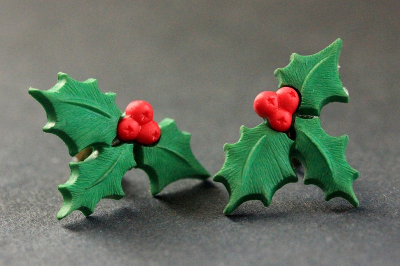 Christmas Holly Earrings. Holiday Earrings. Christmas Earrings. Post Earrings. Stud Earrings. Handmade Jewelry. image 3