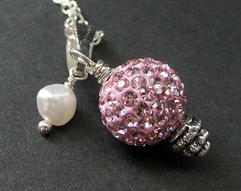 Light Pink Necklace. Kissing Ball Necklace. Rhinestone Necklace with Fresh Water Pearl. Handmade Jewelry.