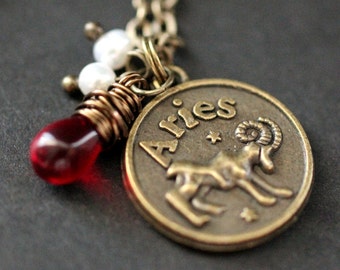 Aries Astrology Necklace. Zodiac Necklace with Glass Teardrop and Pearl. Aries Horoscope Necklace. Handmade Jewelry.