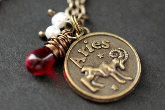 Aries Astrology Necklace. Zodiac Necklace with Glass Teardrop and Pearl. Aries Horoscope Necklace. Handmade Jewelry.