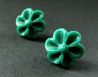 Dark Green Flower Earrings with Silver Earring Posts. Outie Button Flower Jewelry. Handmade Jewelry.