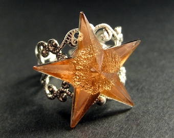 Honey Gold Star Ring. Silver Filigree Ring. Golden Star Ring. Adjustable Ring. Handmade Ring. Handmade Jewelry.