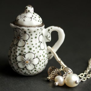 Porcelain Tea Pot Necklace. Black and White Teapot Necklace with Taupe Crystal and Pearl Charms. Teapot Jewelry. Handmade Jewelry.