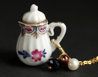 Porcelain Teapot Necklace. Floral Tea Pot Necklace with Burgundy Pearl and Navy Blue Crystal Charms. Gold Necklace. Handmade Jewelry.
