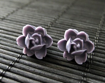 Dusk Purple Tiny Lotus Rose Post Earrings. Bronze Stud Earrings. Dark Purple Earrings.  Purple Flower Earrings. Handmade Jewelry.