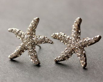 Rhinestone Starfish Earrings. Silver Starfish Earrings. Post Earrings. Star Fish Earrings. Silver Earrings. Stud Earrings. Handmade Jewelry.