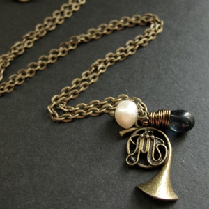 Music Instrument Necklace. French Horn Necklace with Deep Blue Teardrop and Pearl. Handmade Jewellery. image 2