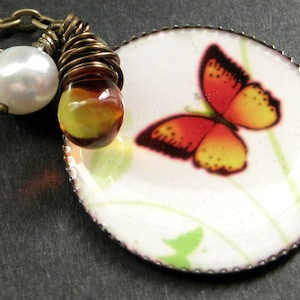 Bright Butterfly Necklace. Butterfly Pendant Necklace with Fiery Teardrop and Fresh Water Pearl. Handmade Jewelry.