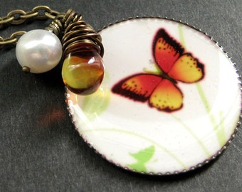 Bright Butterfly Necklace. Butterfly Pendant Necklace with Fiery Teardrop and Fresh Water Pearl. Handmade Jewelry.