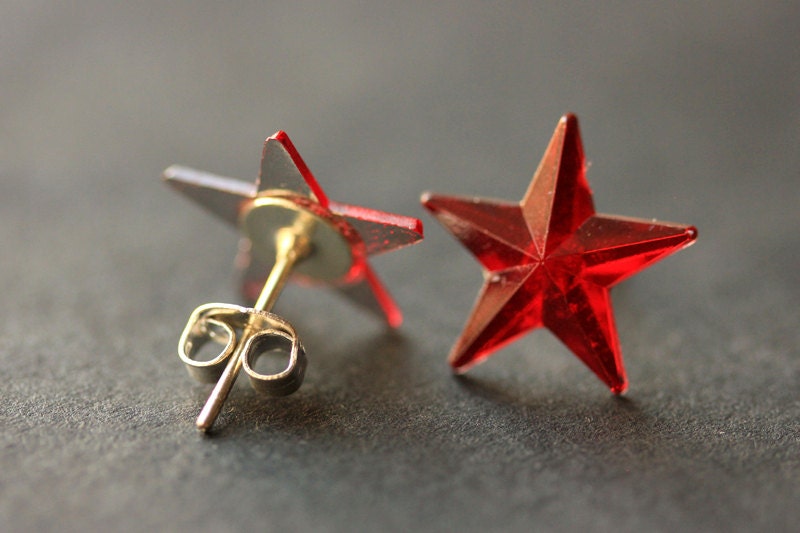 Red Star Earrings. Red Earrings. Silver Stud Earrings. Star Etsy