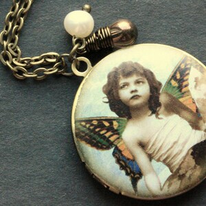 Butterfly Girl Locket Necklace. Winged Girl Vintage Print Charm Necklace with Glass Teardrop and Pearl.