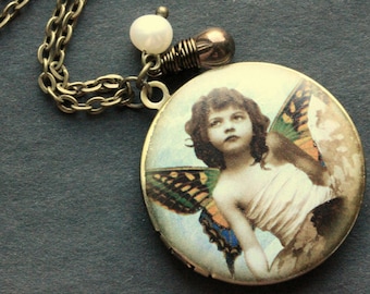 Butterfly Girl Locket Necklace. Winged Girl Vintage Print Charm Necklace with Glass Teardrop and Pearl.