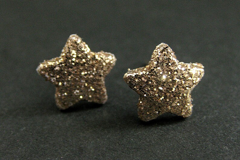 Gold Sparkle Star Earrings. Gold Star Earrings. Bronze Post Earrings. Little Star Earrings. Stud Earrings. Handmade Jewelry. image 1