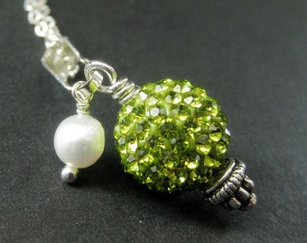 Lime Green Necklace. Rhinestone Necklace. Kissing Ball Necklace with Fresh Water Pearl. Handmade Jewelry.