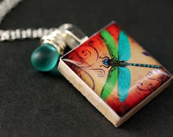 Turquoise Dragonfly Necklace. Scrabble Tile Charm Necklace with Frosted Turquoise Teardrop. Handmade Jewelry.