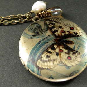Moth Locket Necklace. Butterfly Charm Necklace with Taupe Teardrop and Fresh Water Pearl. Handmade Jewelry.