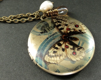 Moth Locket Necklace. Butterfly Charm Necklace with Taupe Teardrop and Fresh Water Pearl. Handmade Jewelry.