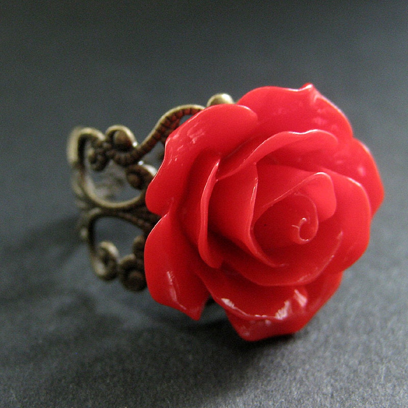 Red Rose Ring. Red Flower Ring. Filigree Adjustable Ring. Flower ...