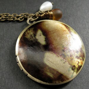 Locket Necklace. Romantic Charm Necklace with Frosted Honey Teardrop and Fresh Water Pearl. Handmade Jewelry.