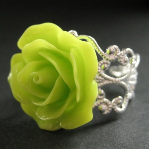 Lime Green Rose Ring. Lime Flower Ring. Filigree Adjustable Ring. Flower Jewelry. Handmade Jewelry. image 1