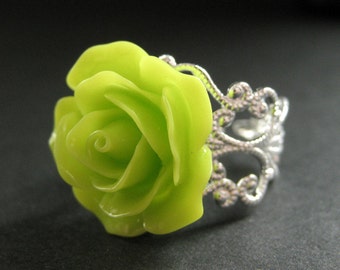 Lime Green Rose Ring. Lime Flower Ring. Filigree Adjustable Ring. Flower Jewelry. Handmade Jewelry.