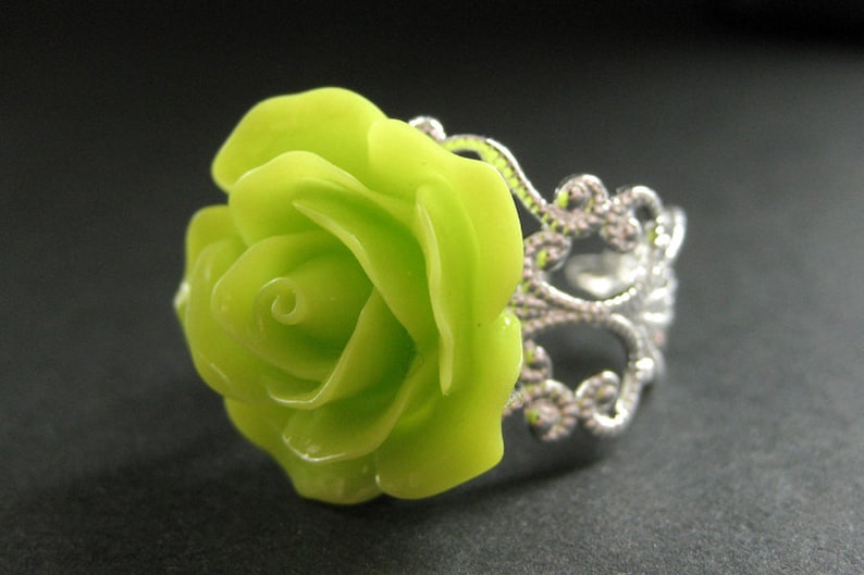 Lime Green Rose Ring. Lime Flower Ring. Filigree Adjustable Ring. Flower Jewelry. Handmade Jewelry. image 1