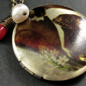 Art Nouveau Locket Necklace. Charm Necklace with Red Coral Teardrop and Fresh Water Pearl. Handmade Jewelry.